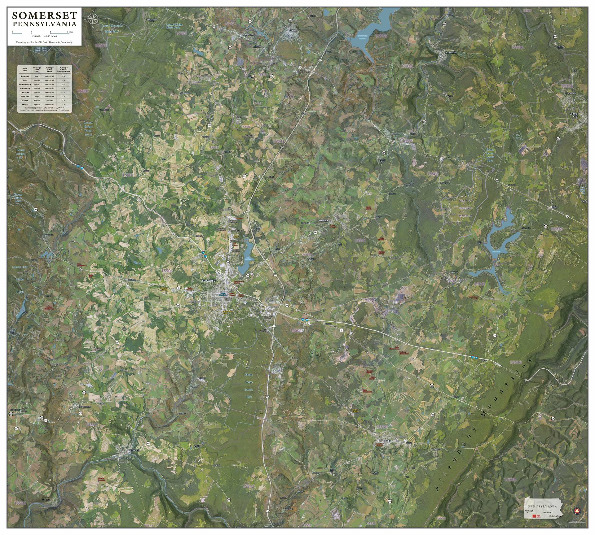 Zip code map of Somerset, Pennsylvania, displaying average annual precipitation, township boundaries, major roads and highways, state parks, and key points of interest.