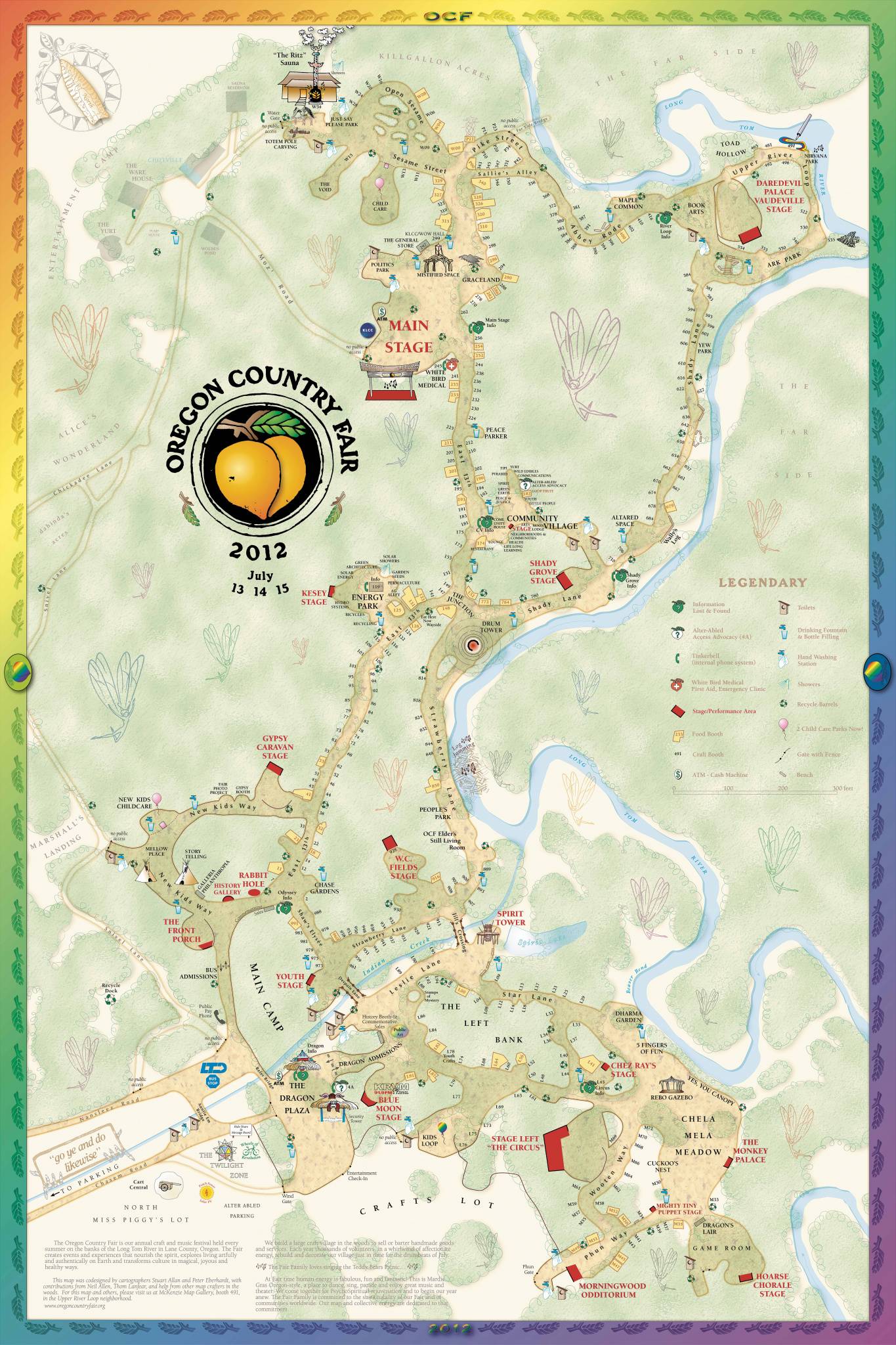 Event map of the Oregon Country Fair featuring a detailed layout of the fairgrounds, including stages, vendor areas, restrooms, and informative highlights about attractions and activities.