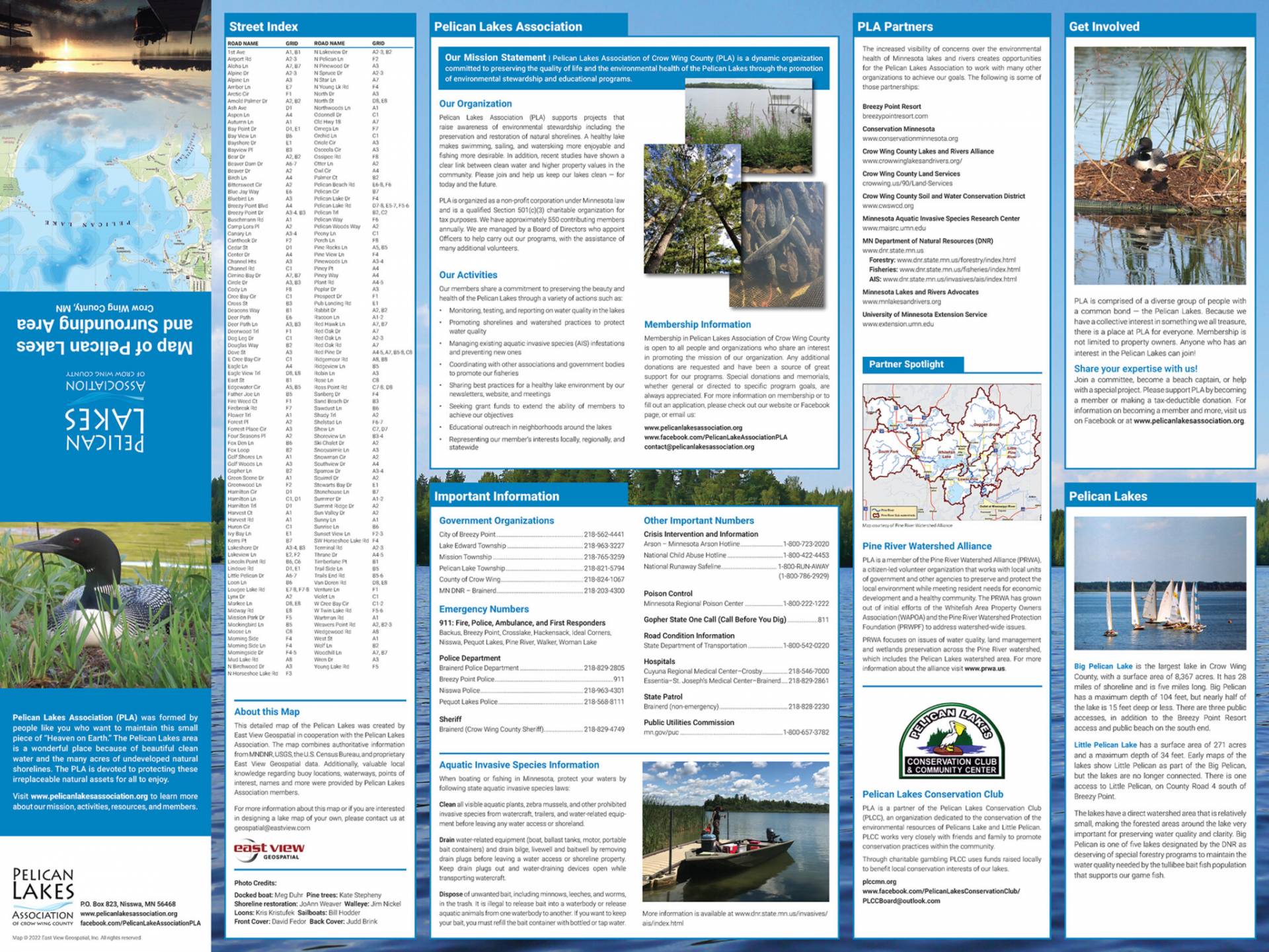 Infographic and hydrographic map of Pelican Lakes featuring a street index, partner locations, key information, recreational activities, and more.