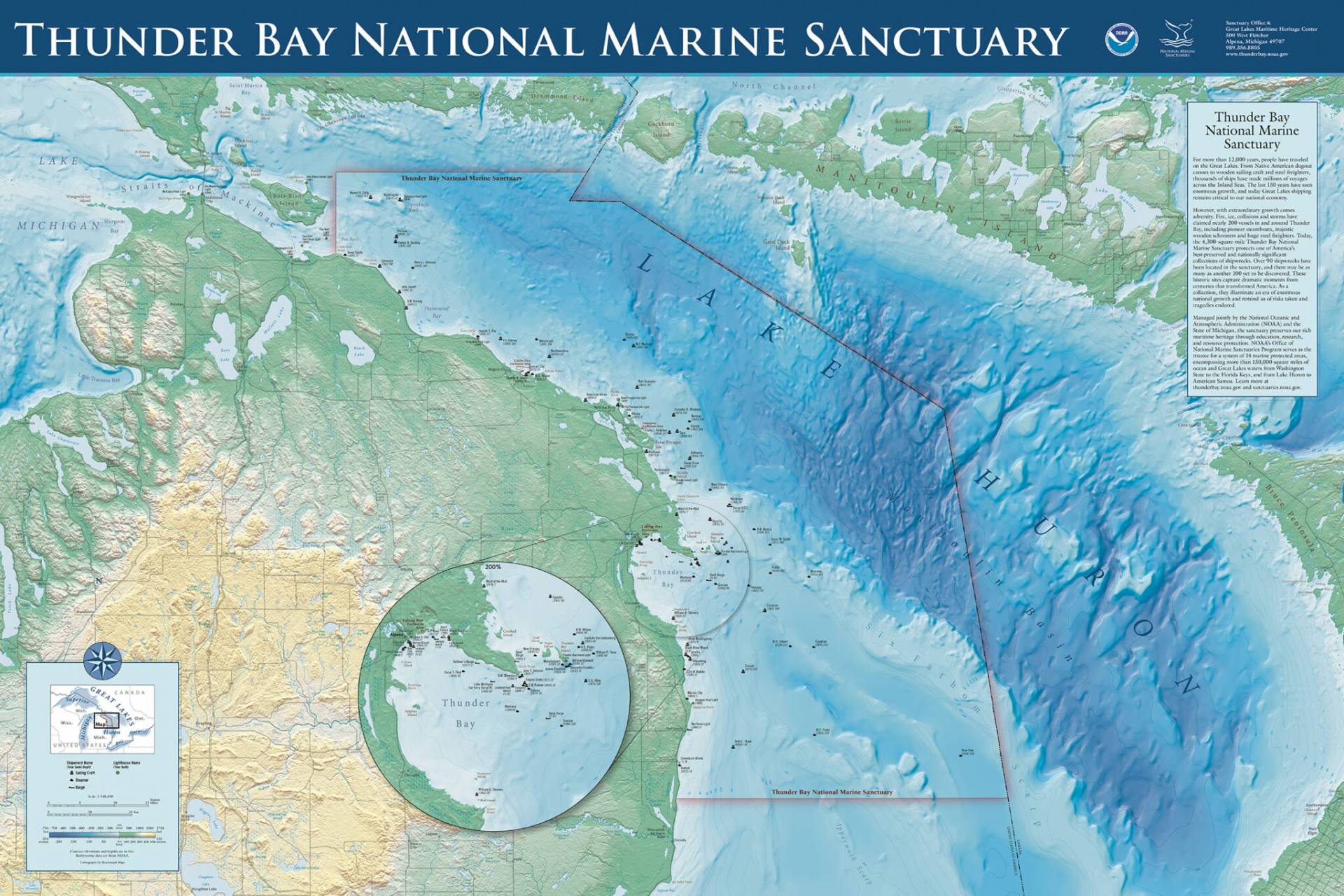 Award-winning map of Thunder Bay National Marine Sanctuary highlighting underwater features.
