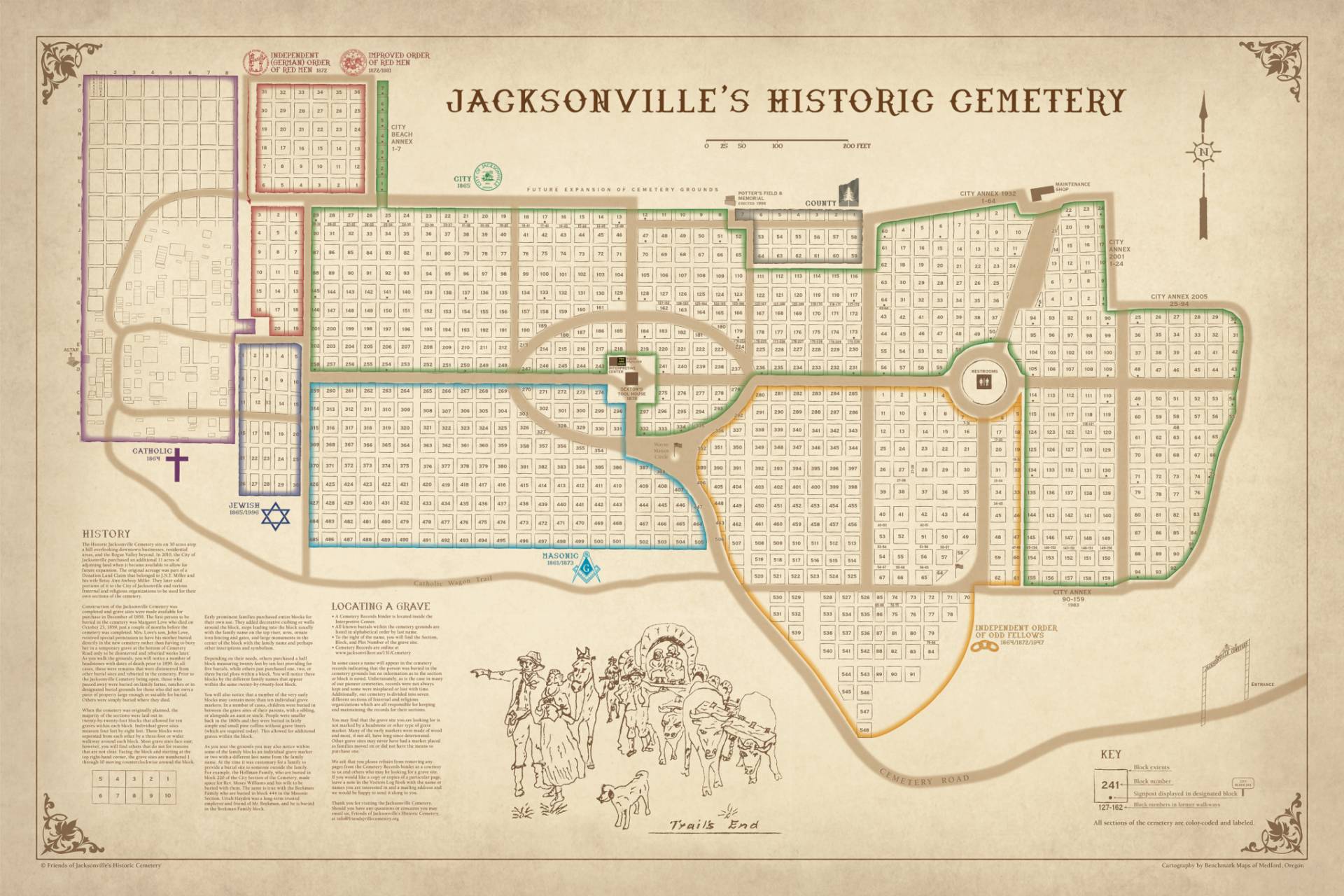 Infrastructure map of Jacksonville historic cemetery showing pathways and key landmarks.
