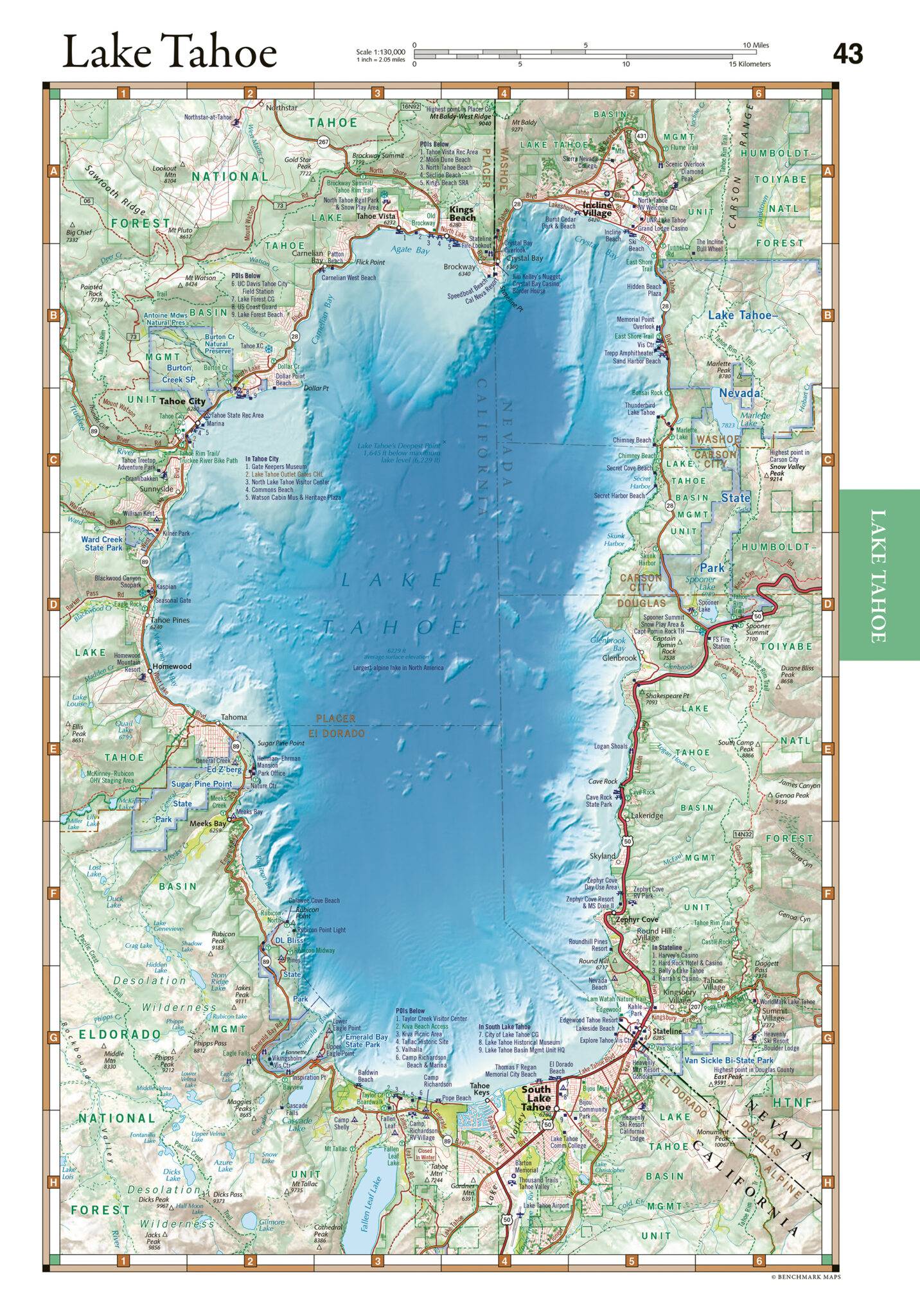 Hydrographic map of Lake Tahoe showing surrounding cities, roads, and other points of interest.
