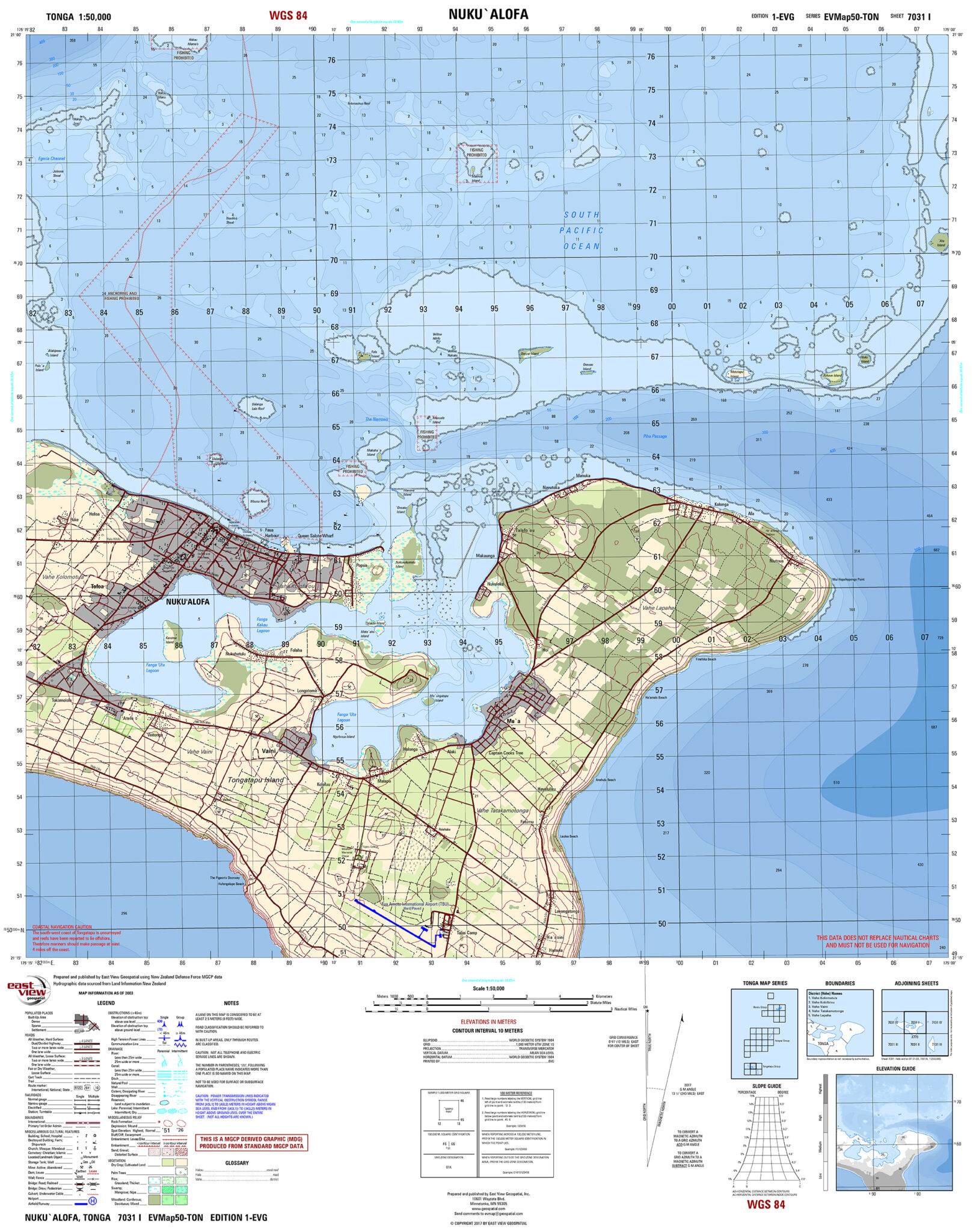 Hydrographic map of Tonga featuring grid marks at 1:50 scale and surrounding bodies of water.