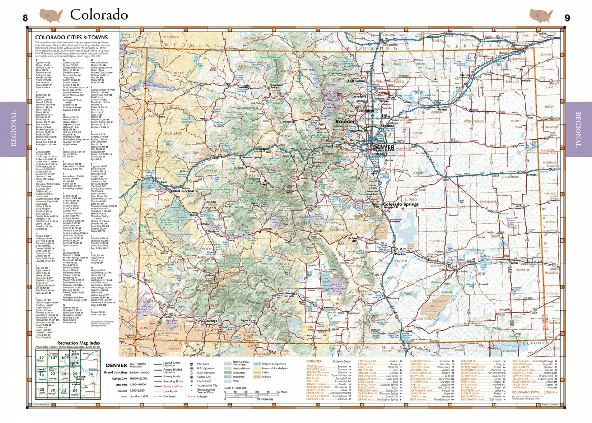 Recreation map of Colorado featuring cities and towns.