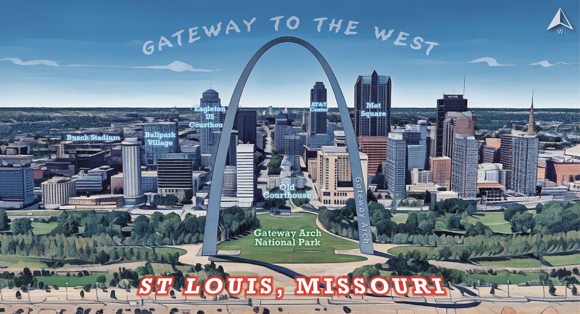 Illustrative wall art map of St. Louis, Missouri, showcasing the Gateway Arch with the city skyline in the background.