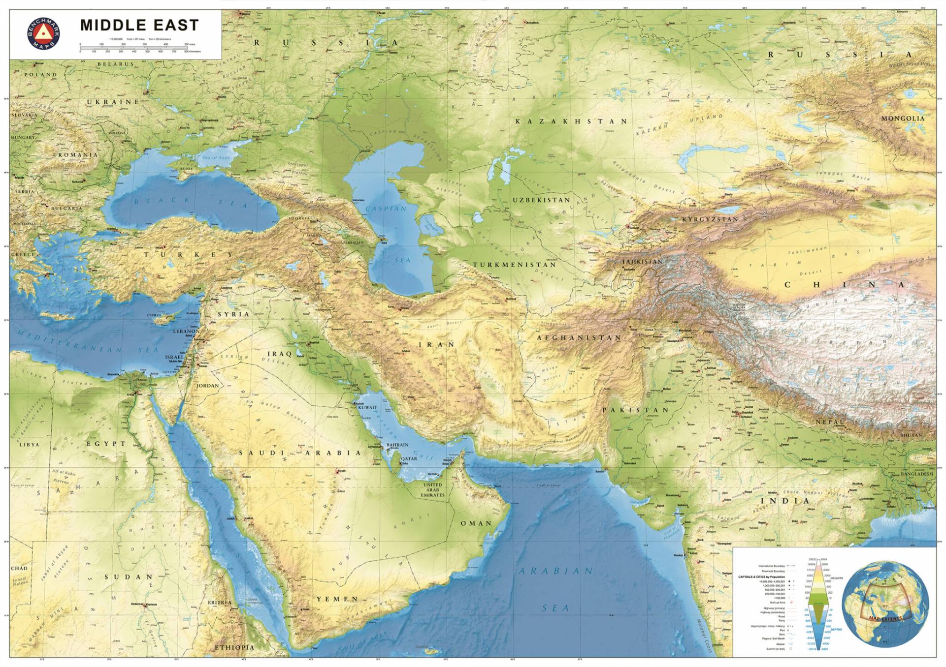Wall art map of the Middle East featuring terrain types, country and city names, and surrounding bodies of water.