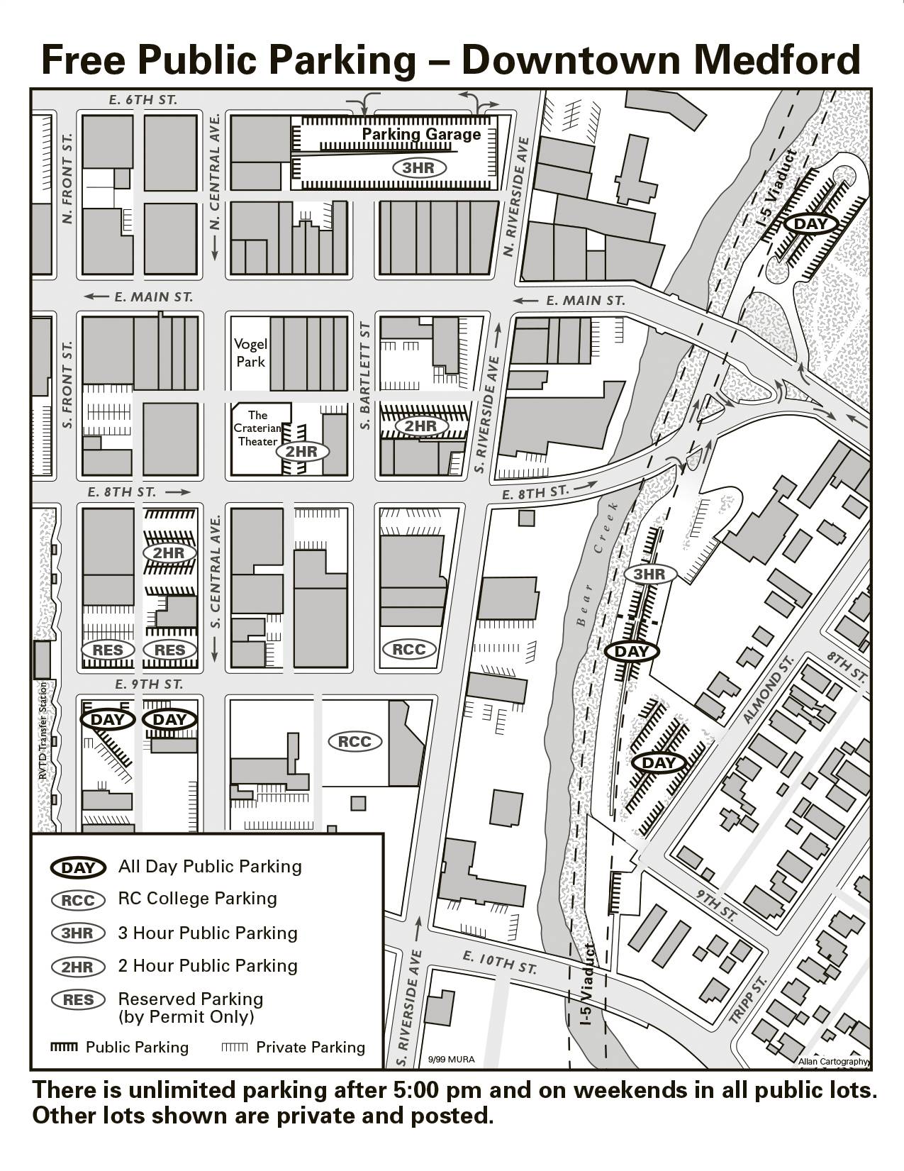 Infrastructure map of downtown Medford showing parking areas, city buildings, and street layouts.