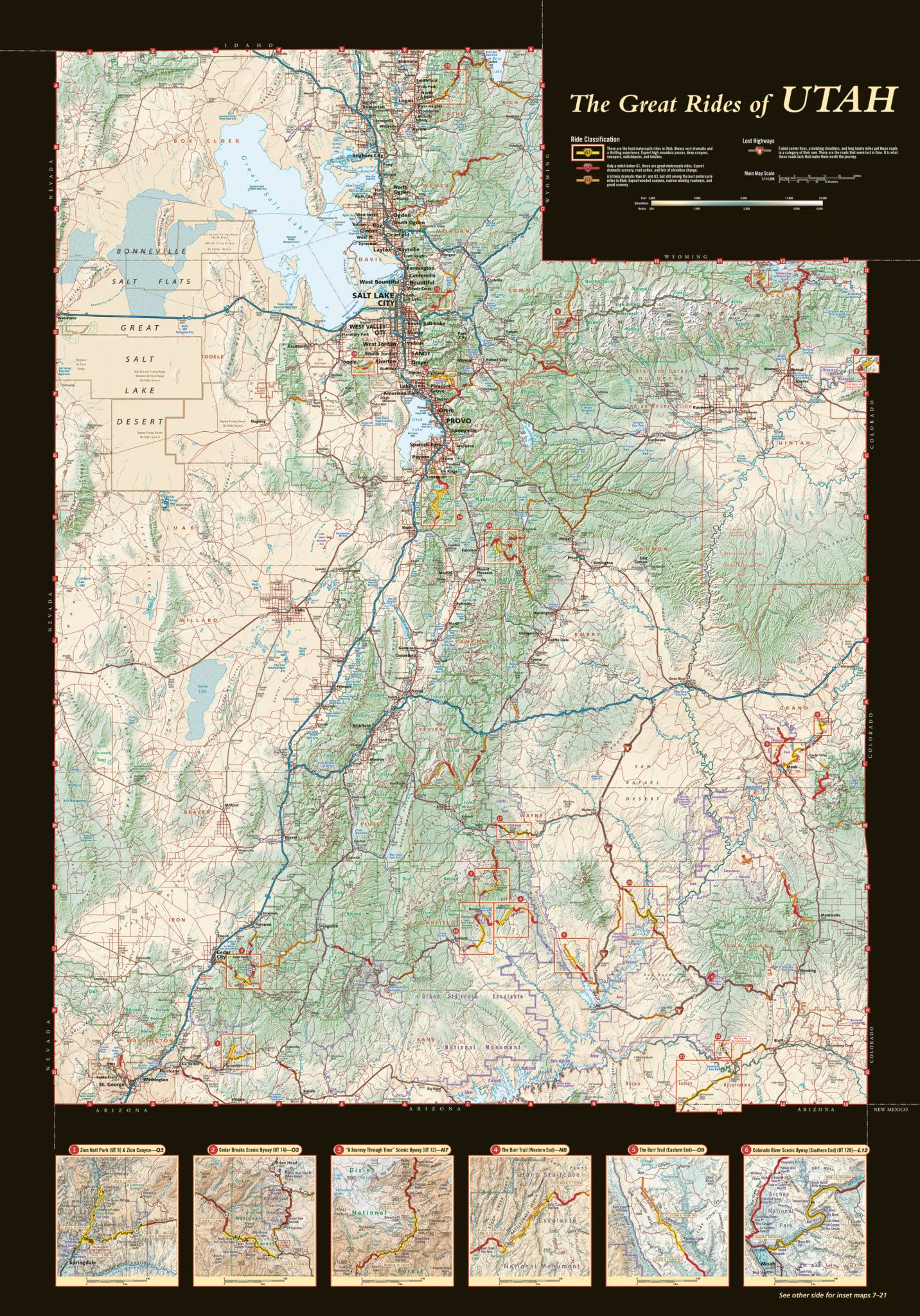 Transportation and wall art map of the Great Rides of Utah, featuring scenic byways and major roads and routes.