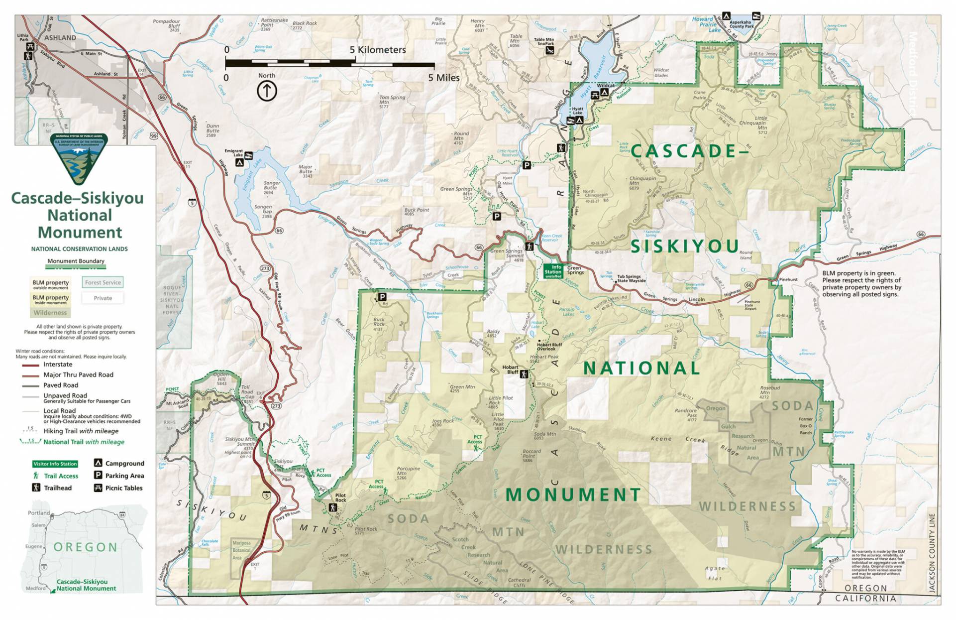 Trail and transportation map of Cascade-Siskiyou National Monument, featuring roads, campgrounds, parking areas, hiking trails, and national trail routes with mileage information. Mapping, Recreation Maps
