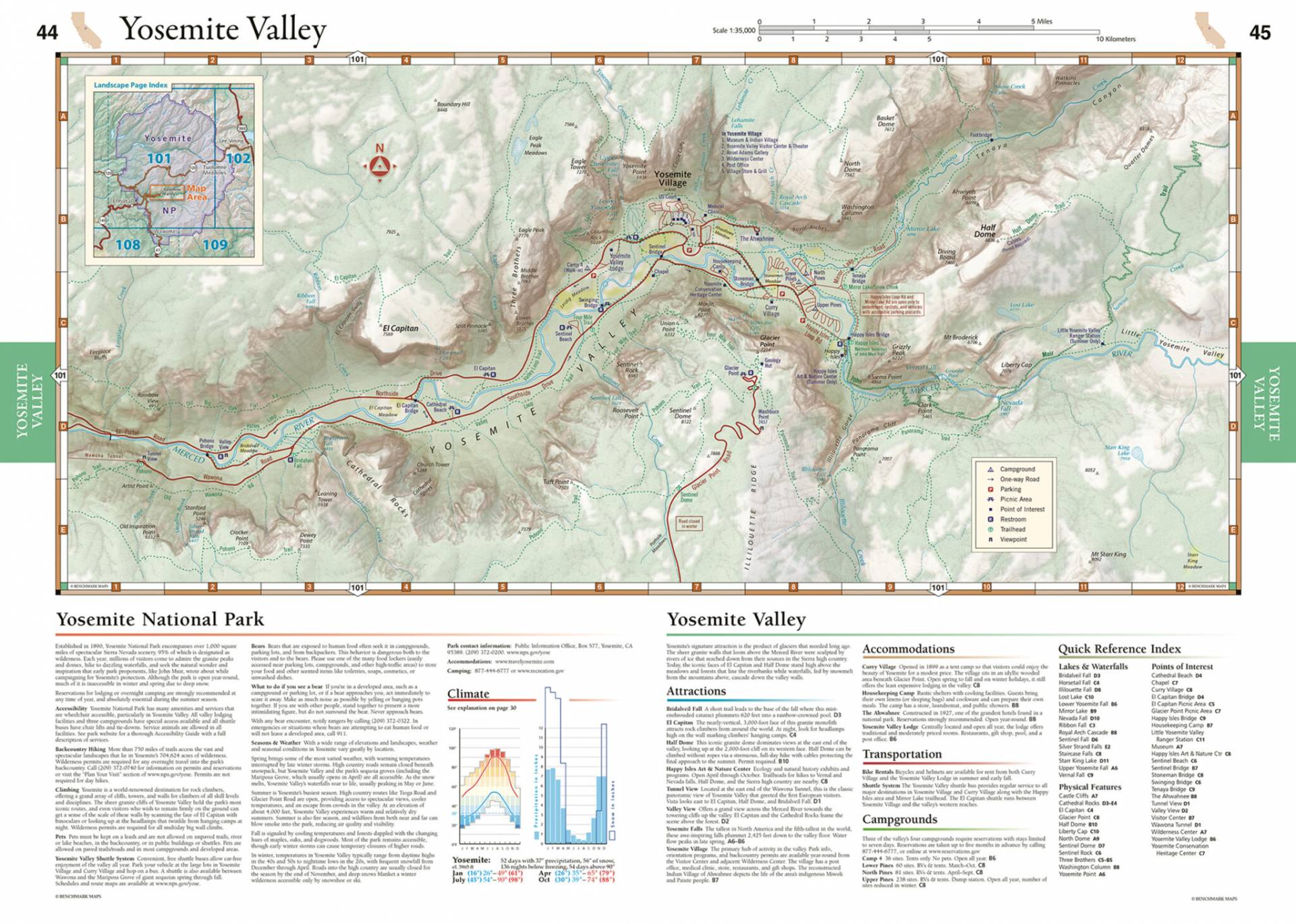 Trail and recreation map of Yosemite Valley highlighting Yosemite National Park, featuring detailed information on accommodations, attractions, climate, transportation, campgrounds, and more.