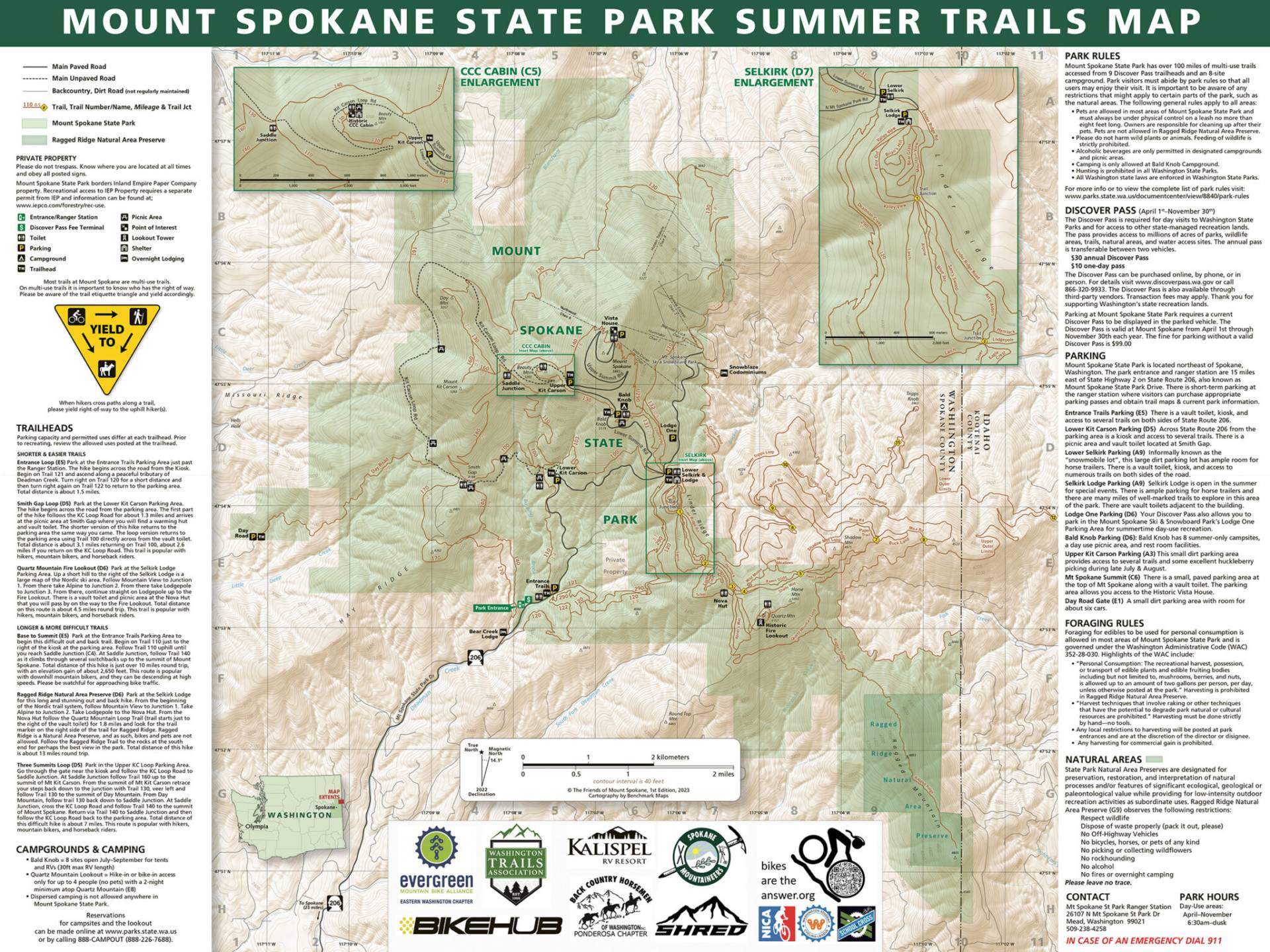 Custom trail, recreation, and topographic map of Mount Spokane State Park summer trails, featuring detailed information on park rules, parking areas, trailheads, and natural habitats.