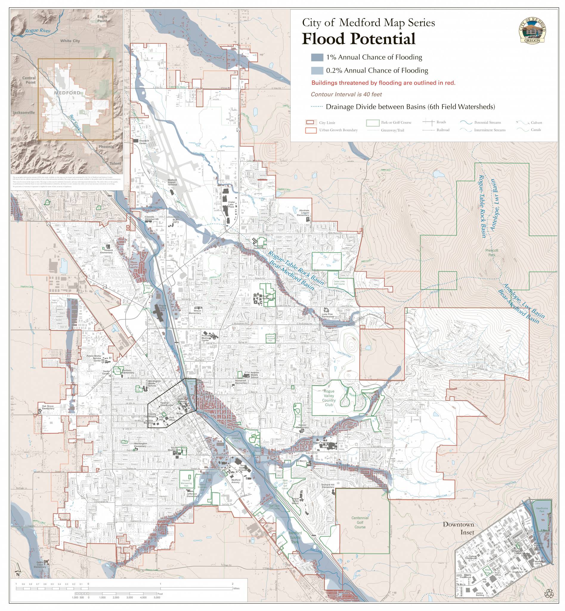 Facilities and infrastructure map of Medford, highlighting flood risk zones, vulnerable buildings, impacted roads, and public parks.