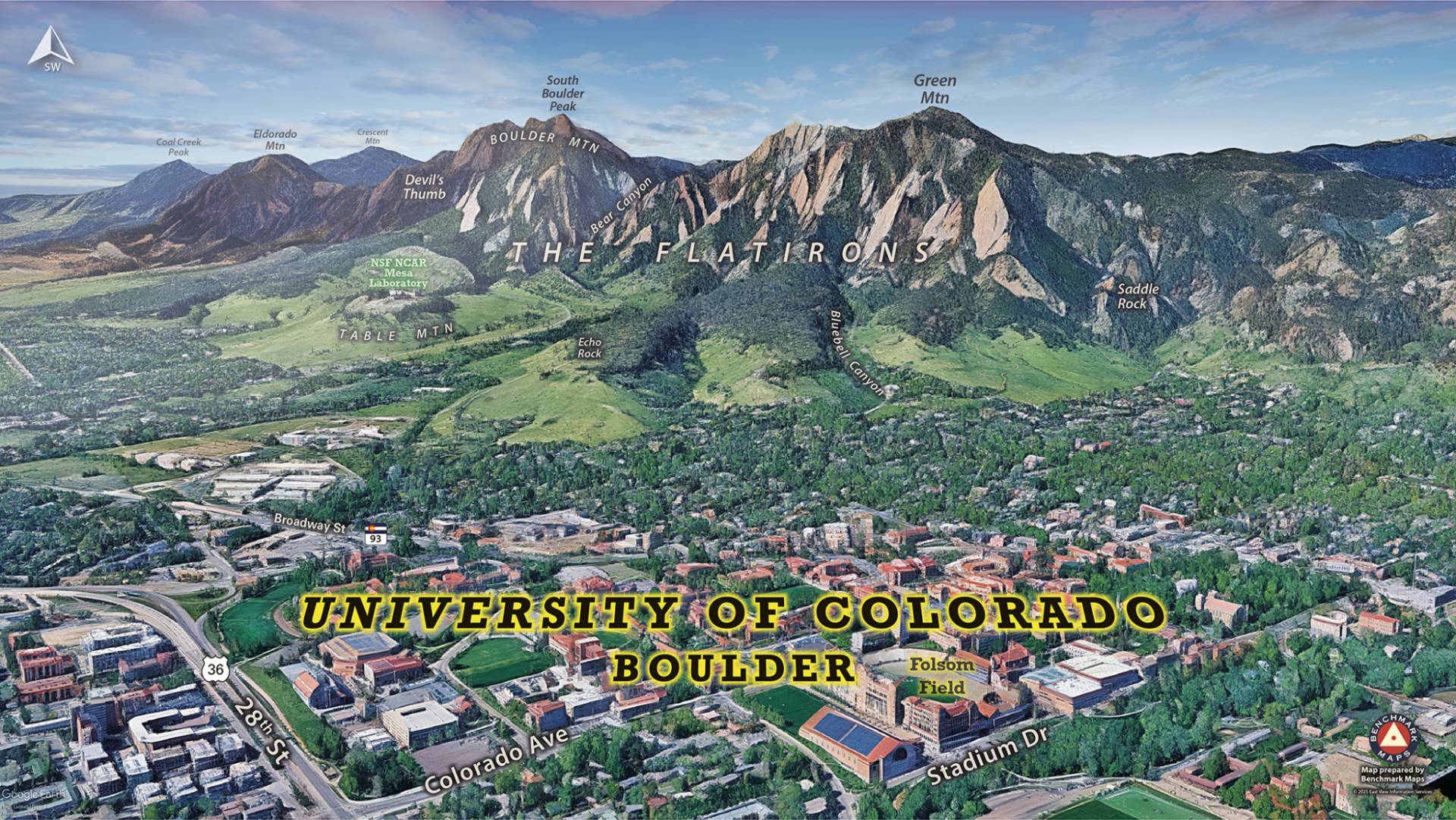 Illustrative wall art map of the University of Colorado Boulder, showcasing an aerial view of campus , the Flatirons, and popular surrounding streets.