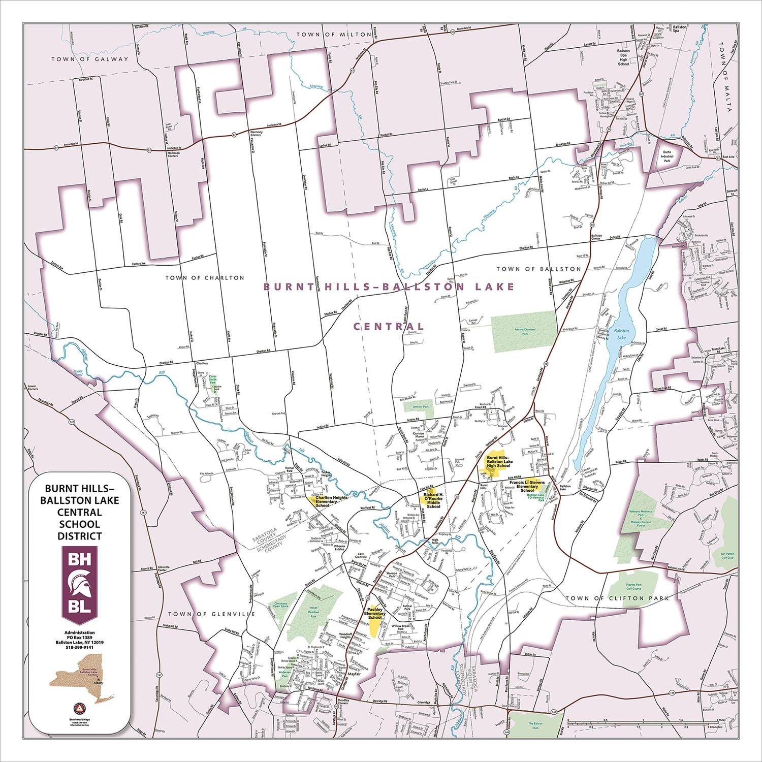 Map showing the Burnt Hills-Ballston Lake Central School District