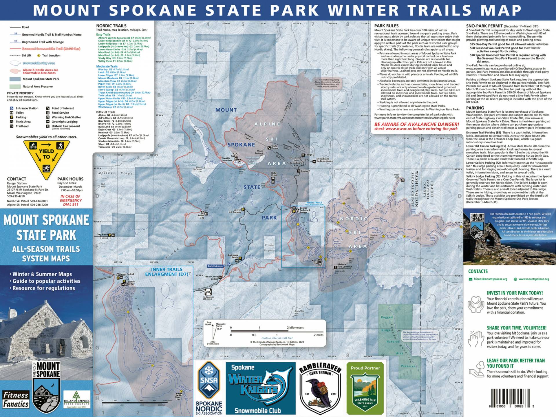 Trail and recreation map of Mount Spokane State Park winter trails, featuring detailed information on Nordic trails, park rules, permits, and parking areas.