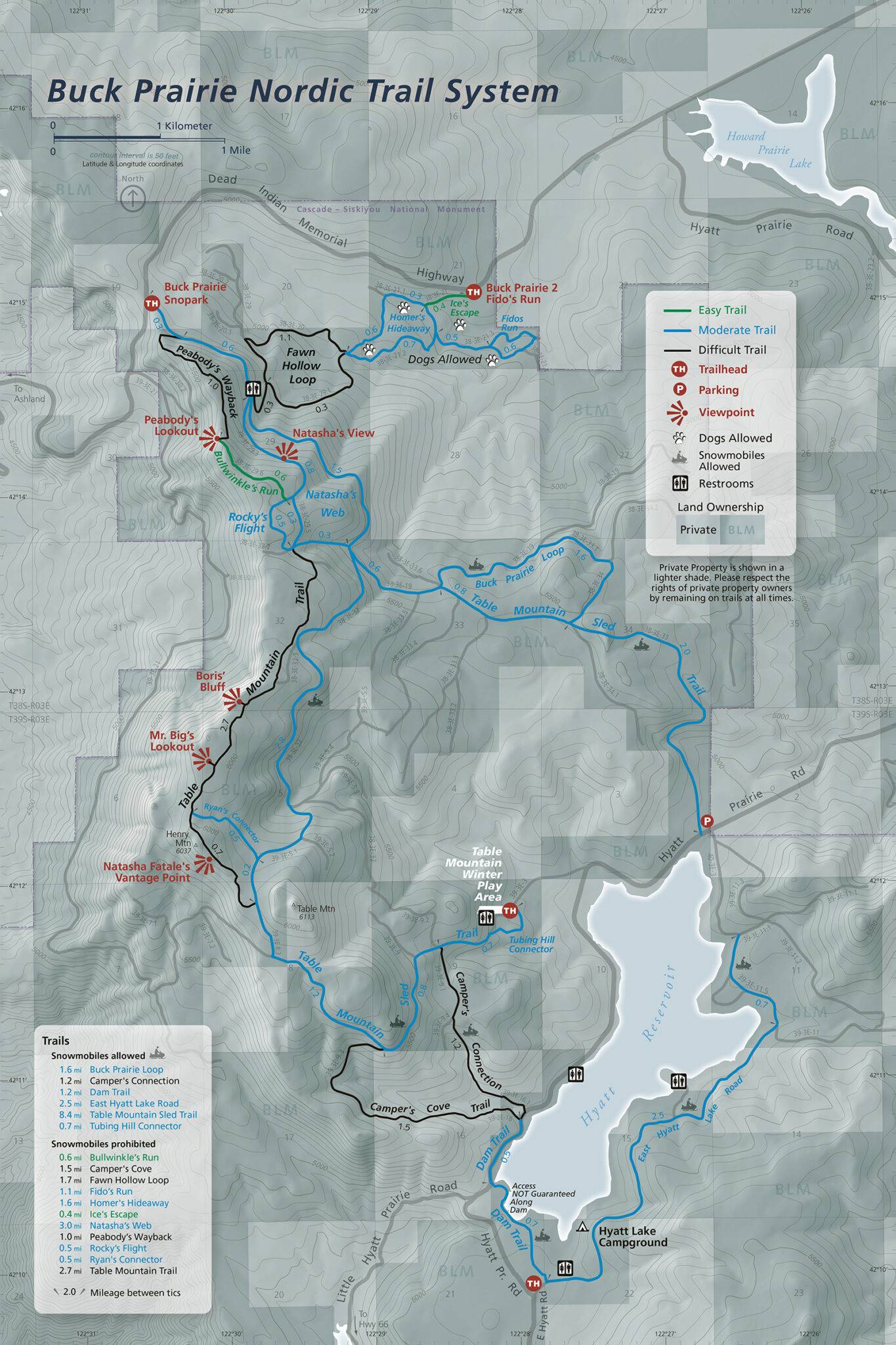 Trail and recreation map of the Buck Prairie Nordic Trail System featuring all trails with difficulty levels and surrounding bodies of water.