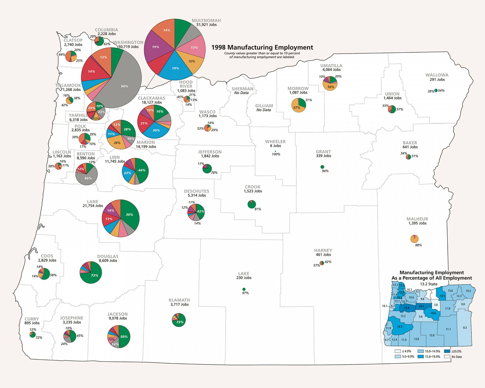 Corporate map showing the percentage of manufacturing employment out of total employment in 1988 across Oregon.