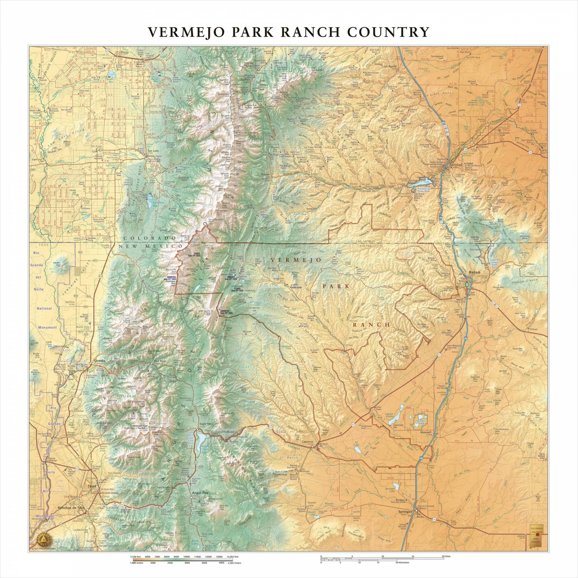 Wall art map of Vermejo Park Ranch region featuring mountain elevations, parks, roads, and nearby city names.