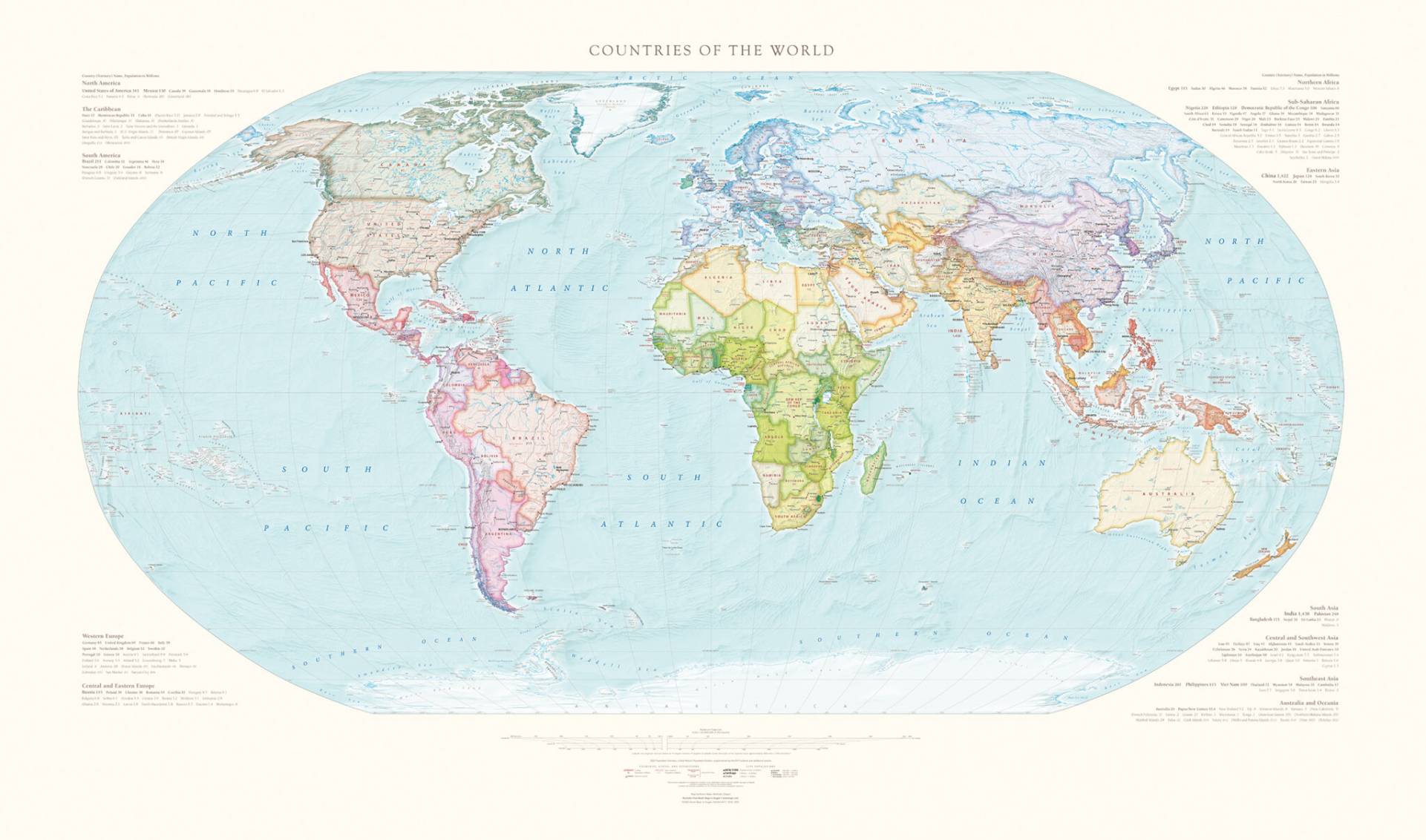 Illustrative world map featuring countries and continents, with an included glossary of country and continent names.