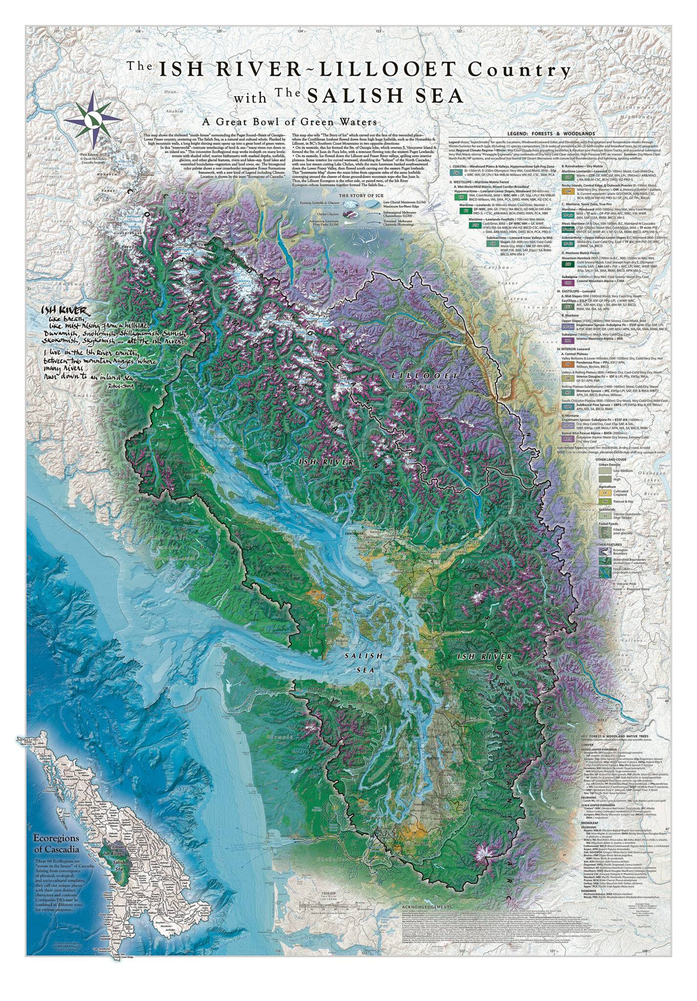 Wall art map of the Lillooet Country and Ish River region near the Salish Sea, featuring detailed forest, woodland, and natural landscape information