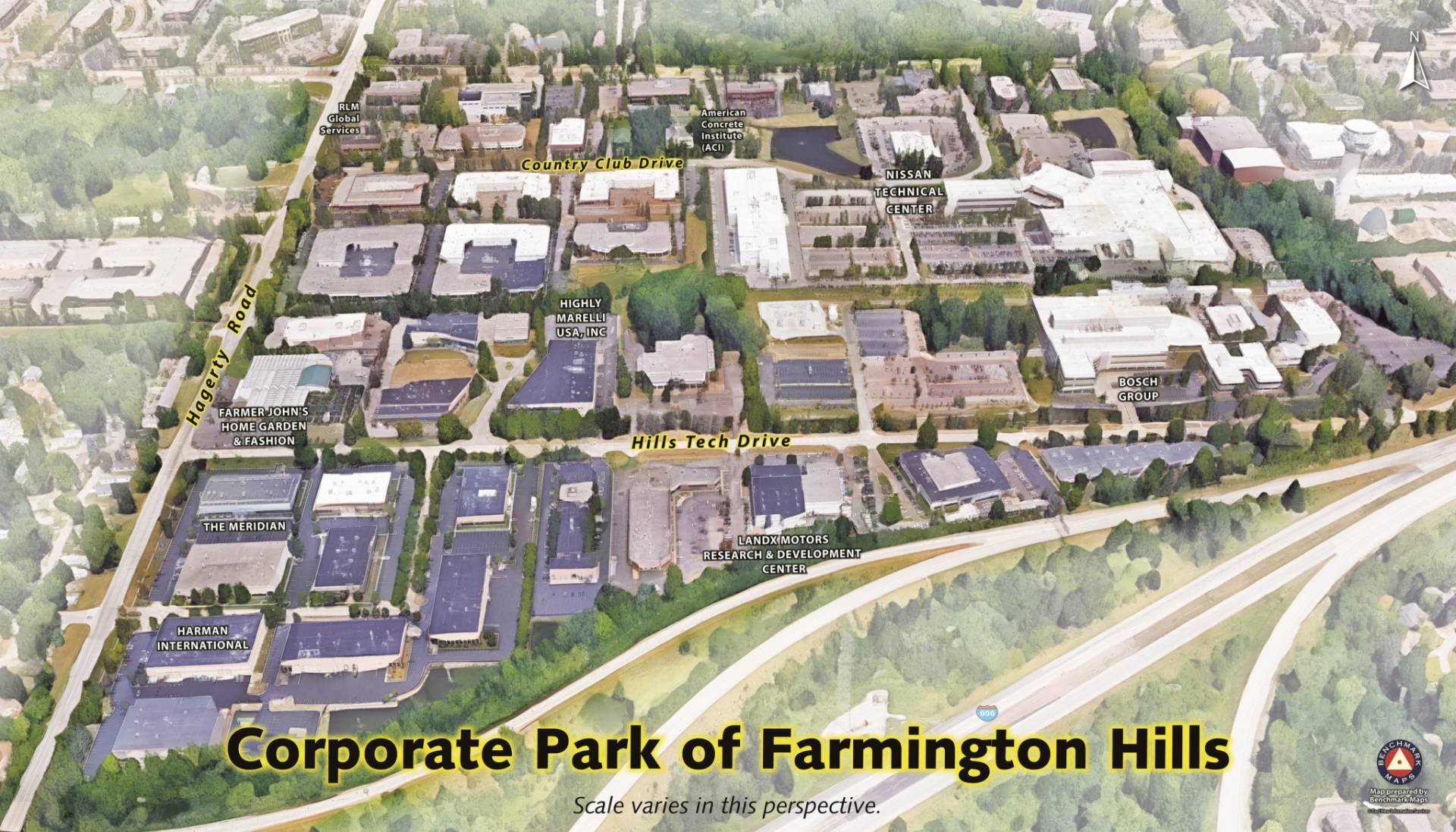 Illustrative wall art map of the Corporate Park of Farmington Hills, showcasing an aerial view of the town and surrounding area.