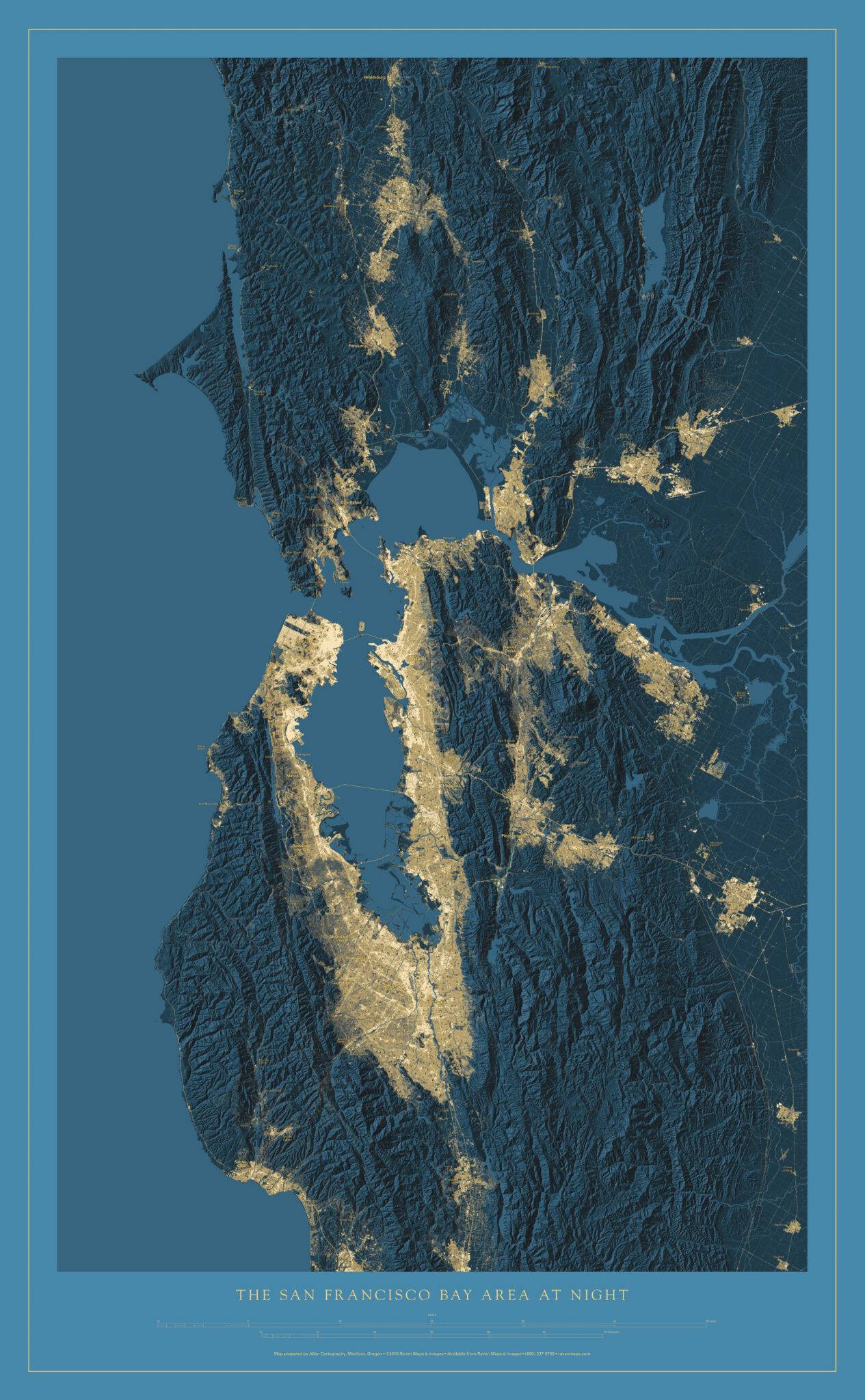 Custom decorative map of the San Francisco Bay Area at night, showcasing illuminated city streets and waterways.