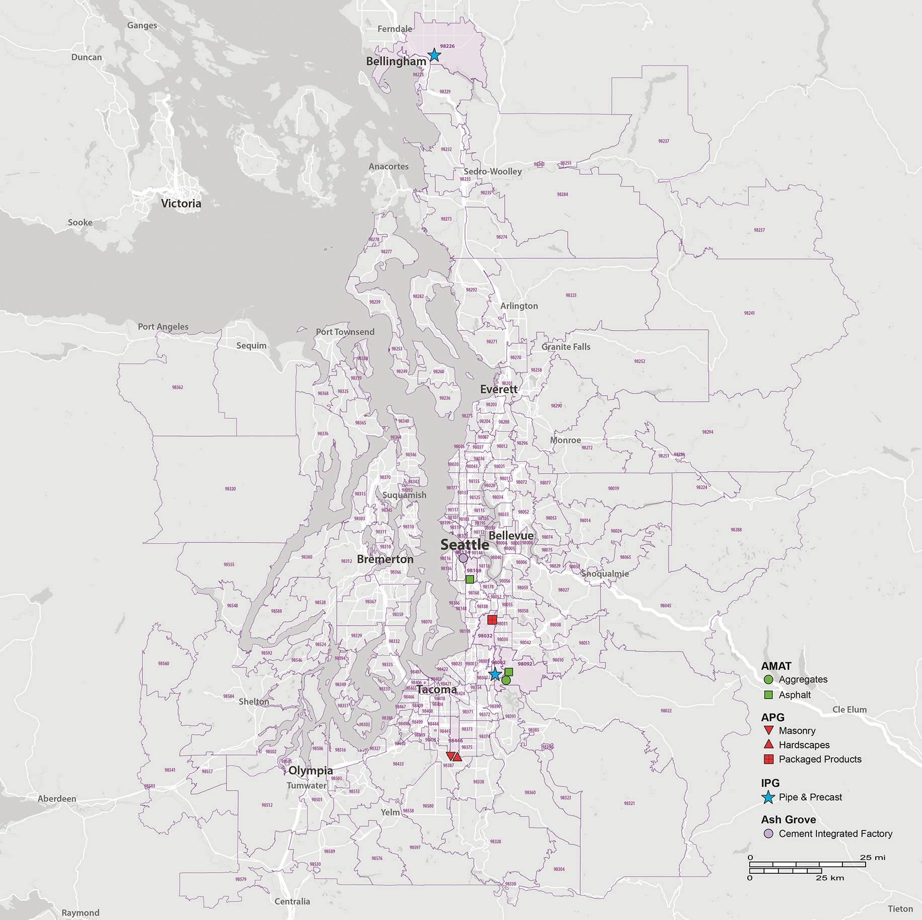 Zip code and sales territory map of Seattle, Washington showing APF, IPG, and AMAT regions.