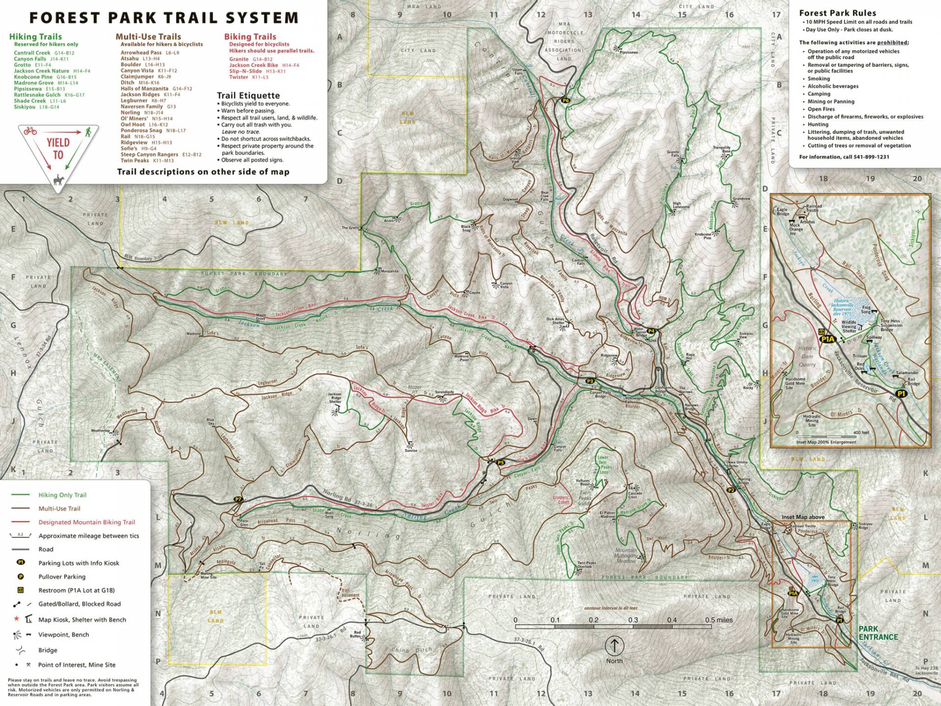 Custom trail, recreation, and topographic map of the Forest Park Trail System, featuring trails, roads, trailer park rules, and other points of interest.