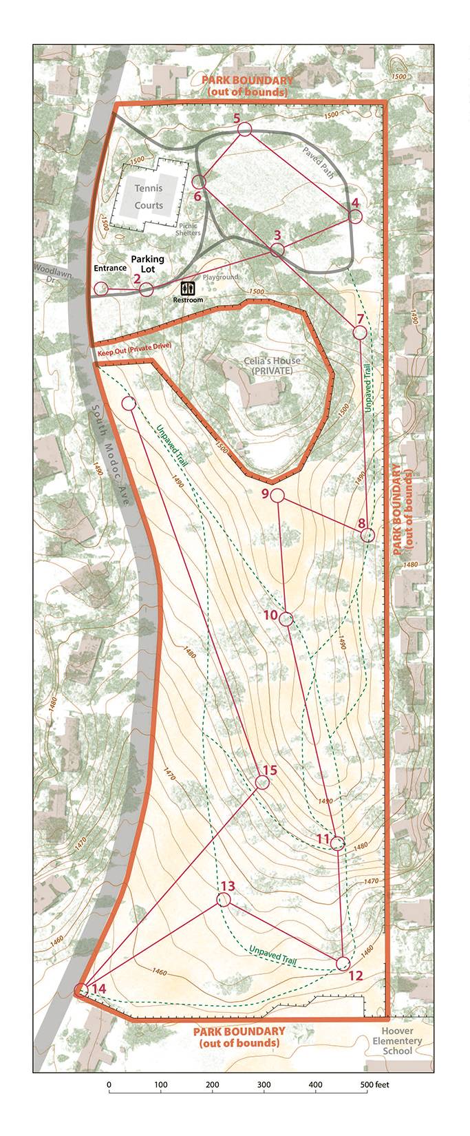 Orienteering, trail, and recreation map showing Holmes Park boundaries and detailed park information.
