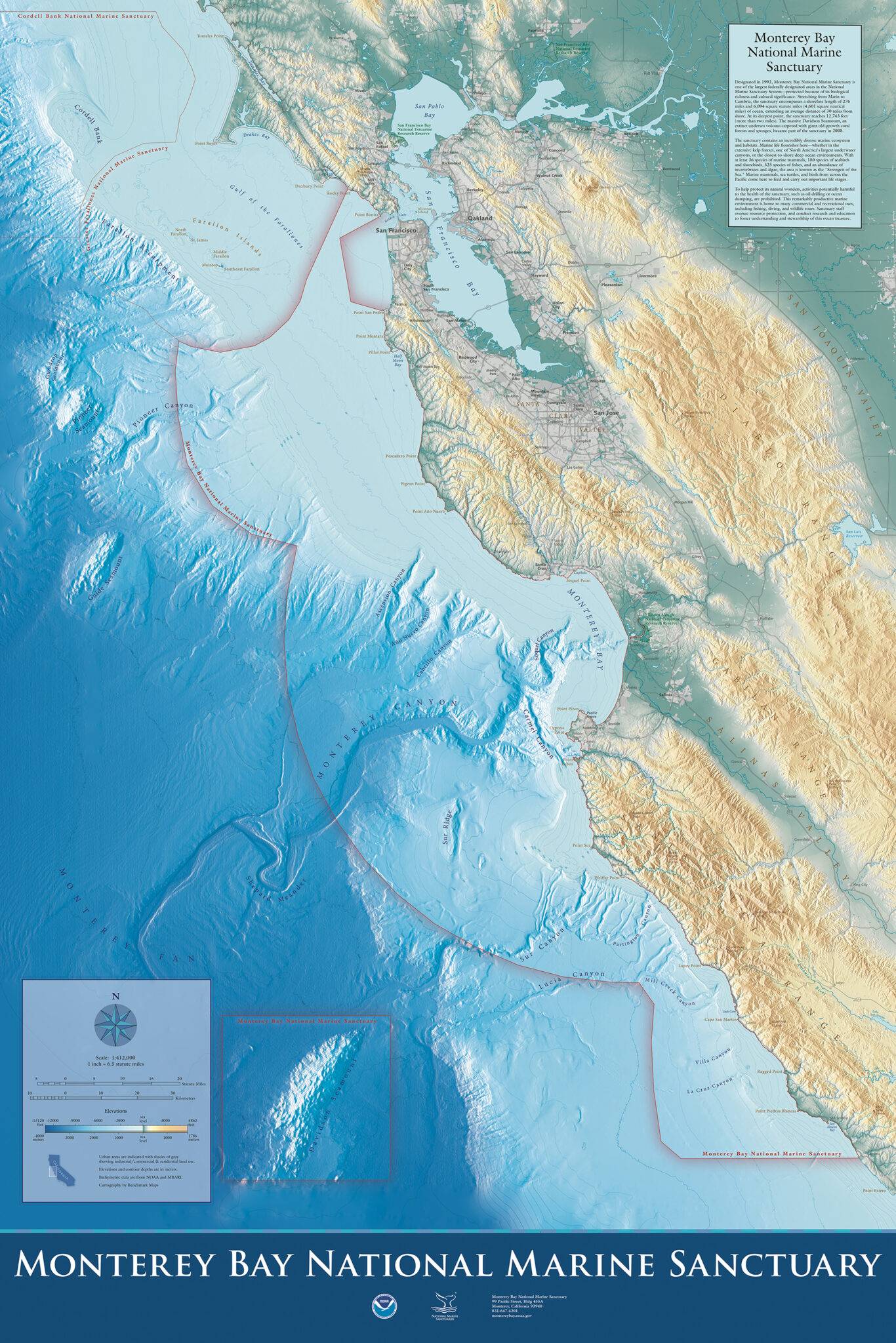 Decorative custom map of Monterey Bay National Marine Sanctuary, highlighting marine habitats and coastal features.