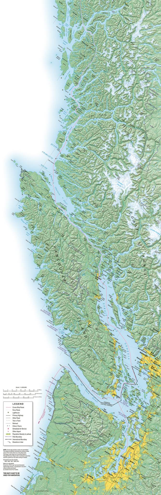 Transportation map and wall art of the Inside Passage in Vancouver Island, highlighting southern routes and key transportation links.