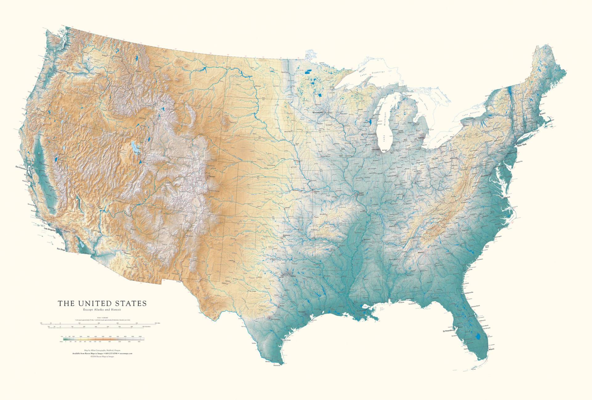 Wall art map of the United States featuring mountain elevations, bodies of water, and city names.