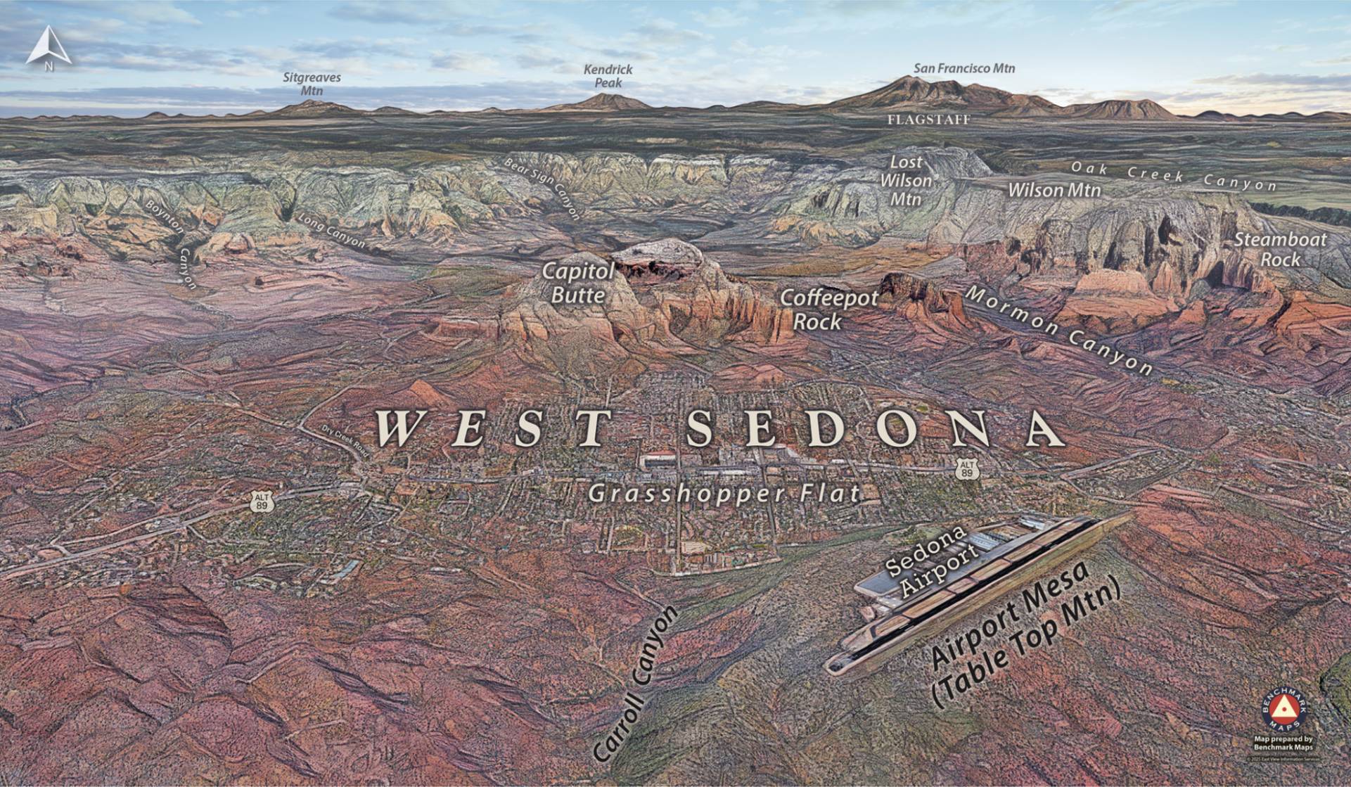 Illustrative wall art map of West Sedona featuring an aerial view of Grasshopper Flat, Sedona Airport, and the surrounding mountains.