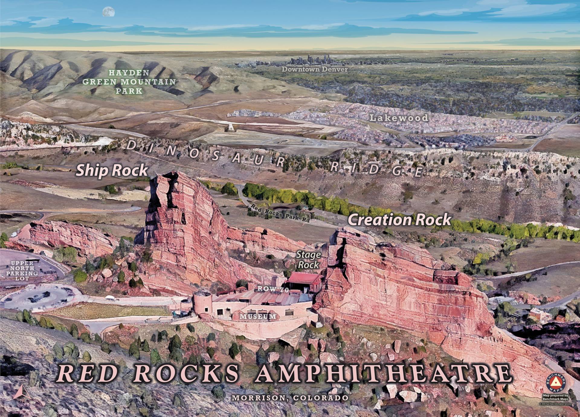 Illustrative wall art map of Red Rocks Amphitheatre in Morrison, Colorado, featuring an aerial view of Ship Rock, Creation Rock, and the surrounding landscape.