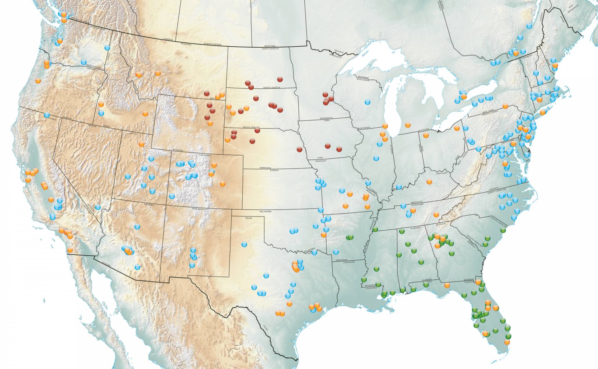 Corporate map of the United States showing data points represented as dots on states.